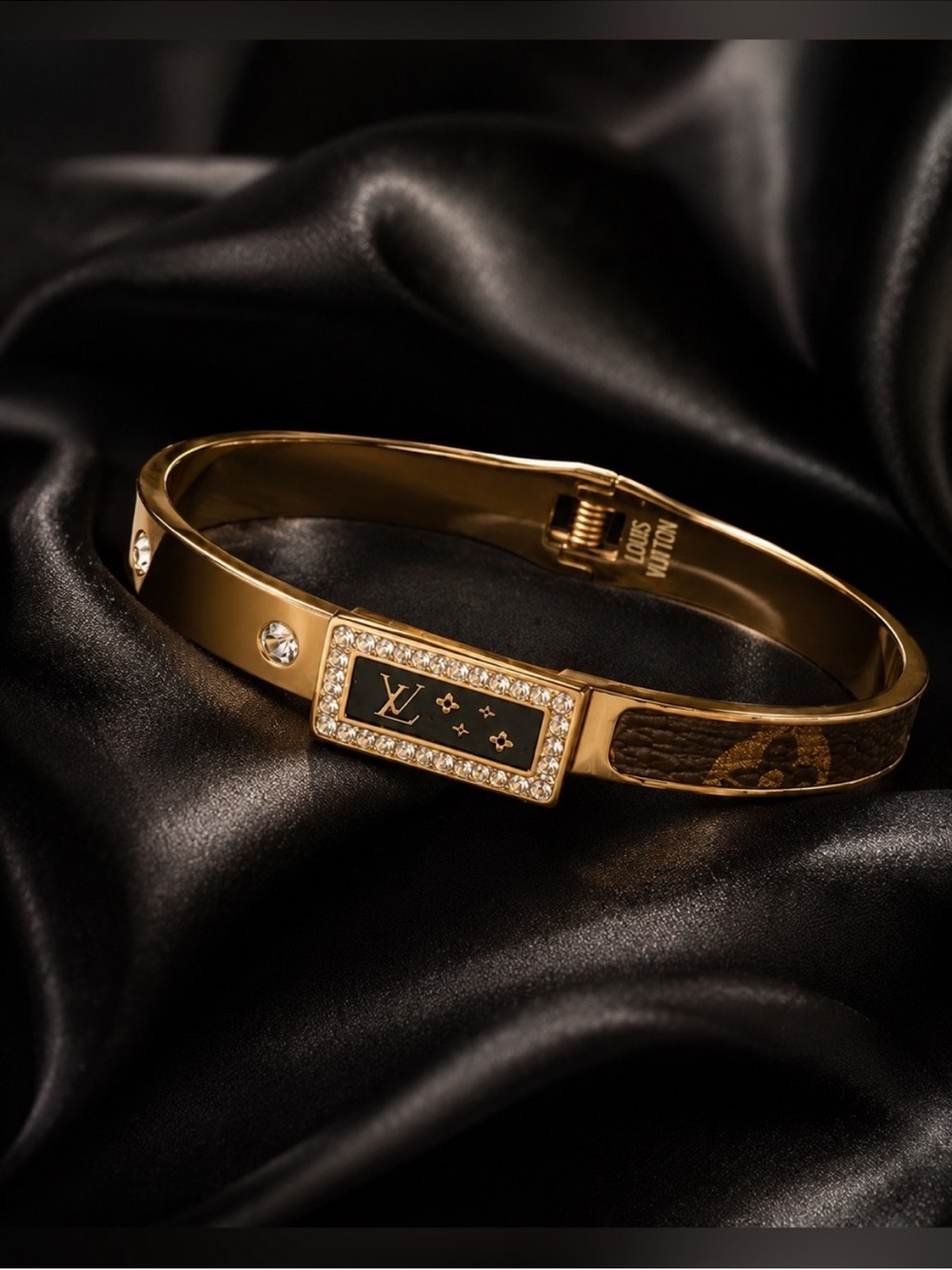 18K Gold and Brown LV Monogram Crystal-Trim Bangle Bracelet - Picture 3 of 6